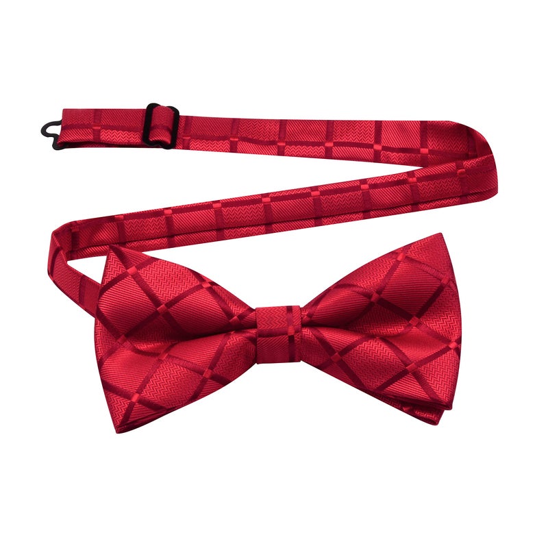 GUSLESON Mens Wedding Red Suspenders Pre-tied Bow Tie and Pocket Square Set Male Plaid Adjustable Tuxedo Suspender (0102-13) - Image 3